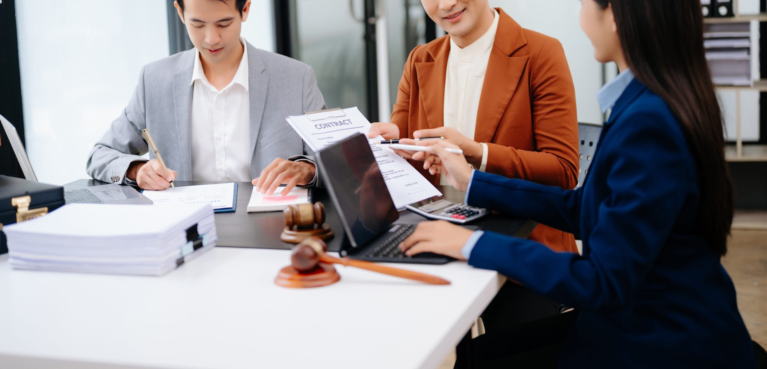 Business and Male lawyer or judge consult having team meeting wi