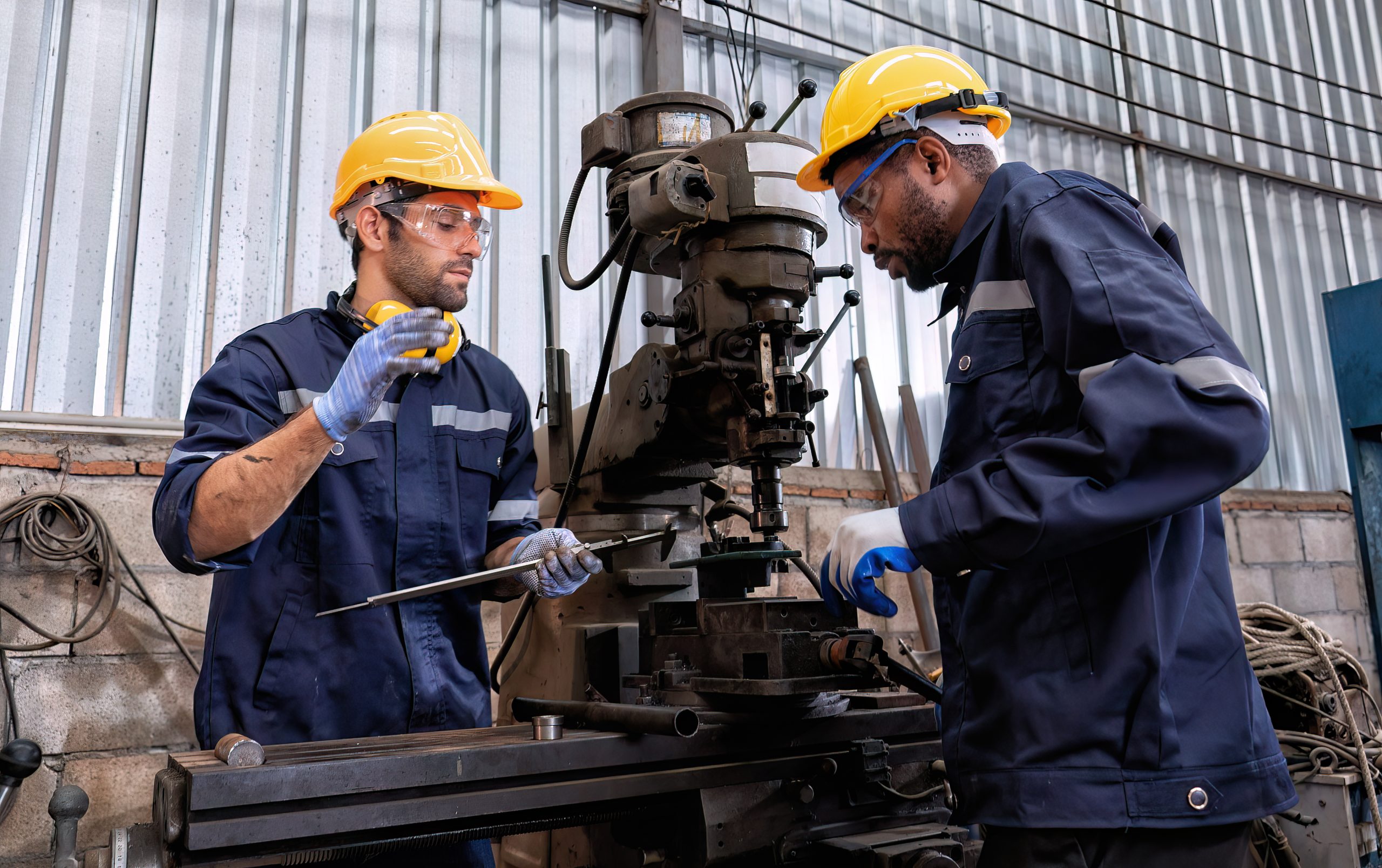 In robotic repair shop engineer use drilling machine fabricate part and vernier caliper measuring